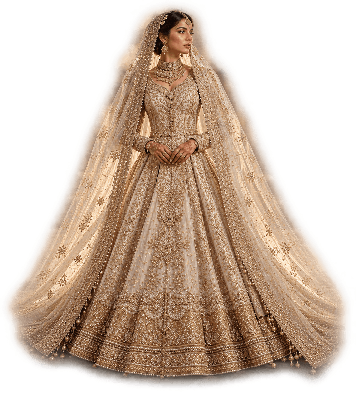 Aroos Couture bride in hand-embroidered ivory and gold bridal wear